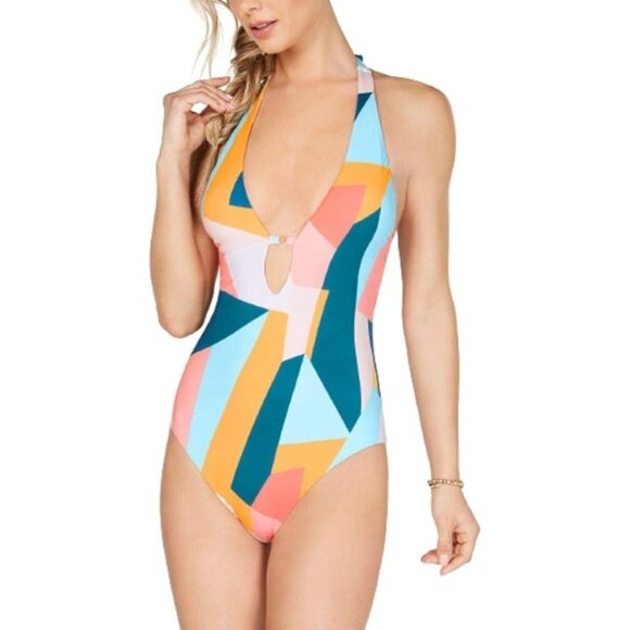 Bar 3 Women's Plunge One Piece Swimsuit Halter Neck Pop Art Multi Size X Large - Picture 1 of 2